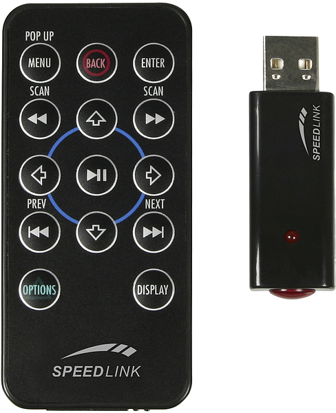 Schwarze SPEEDLINK Fernbedienung mit vielen Tasten und dazugehörigem USB-Empfänger