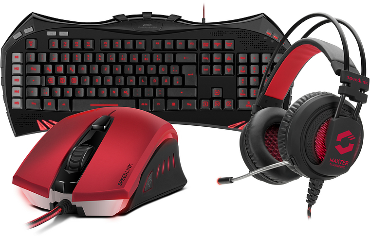 Abgebildet ist ein Speedlink Gaming-Set bestehend aus schwarzer Tastatur mit roten Akzenten, passender Gaming-Maus und Headset.