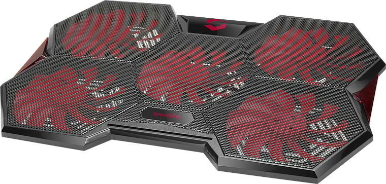 Abbildung eines Speedlink Laptop-Kühlers mit fünf großen roten Lüftern, ideal für Gaming-Notebooks