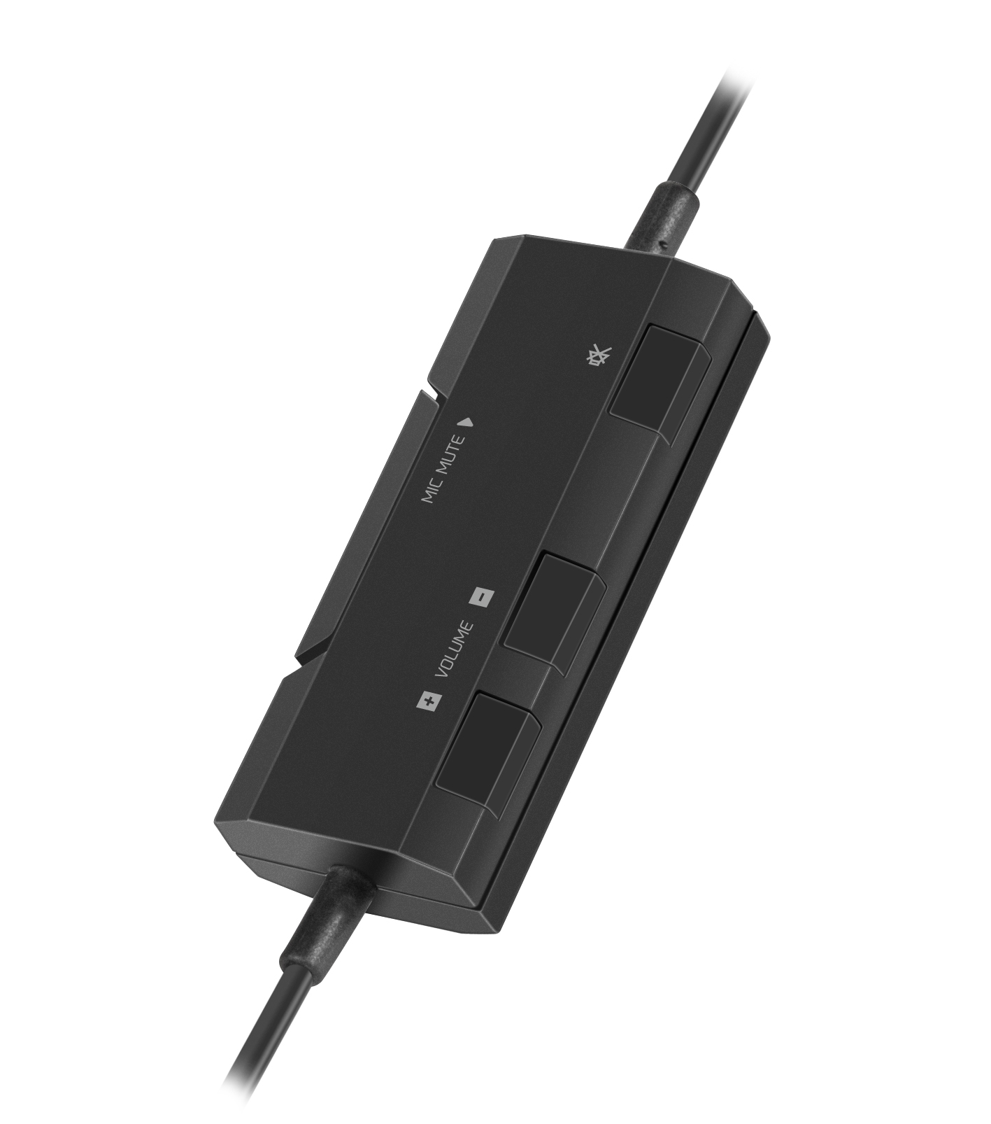 Nahaufnahme einer schwarzen Kabel-Fernbedienung mit Lautstärkeregler und Mikrofon-Stummschalttaste, geeignet für Headsets