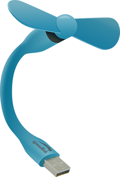 Blauer, flexibler USB-Ventilator von Speedlink mit zwei Rotorblättern, ideal für unterwegs und mobile Geräte
