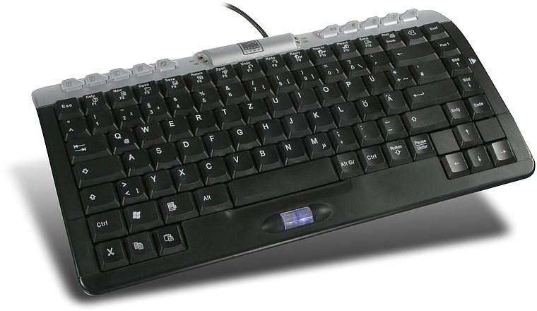 Schwarze USB-Tastatur mit deutschem QWERTZ-Layout, Sondertasten in Silber und integriertem Touchpad