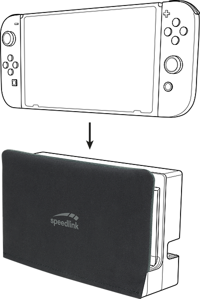 Abgebildet ist eine Speedlink Schutzhülle, die auf das Dock einer Nintendo Switch Konsole gesteckt wird, um vor Kratzern zu schützen.