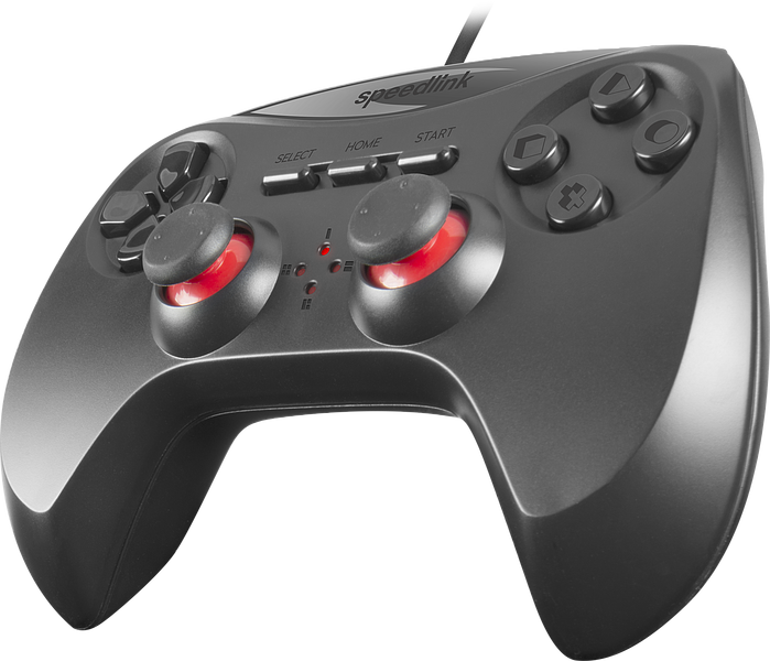 Schwarzer Speedlink Gamecontroller mit roten LEDs und mehreren Bedientasten für PC und Konsole