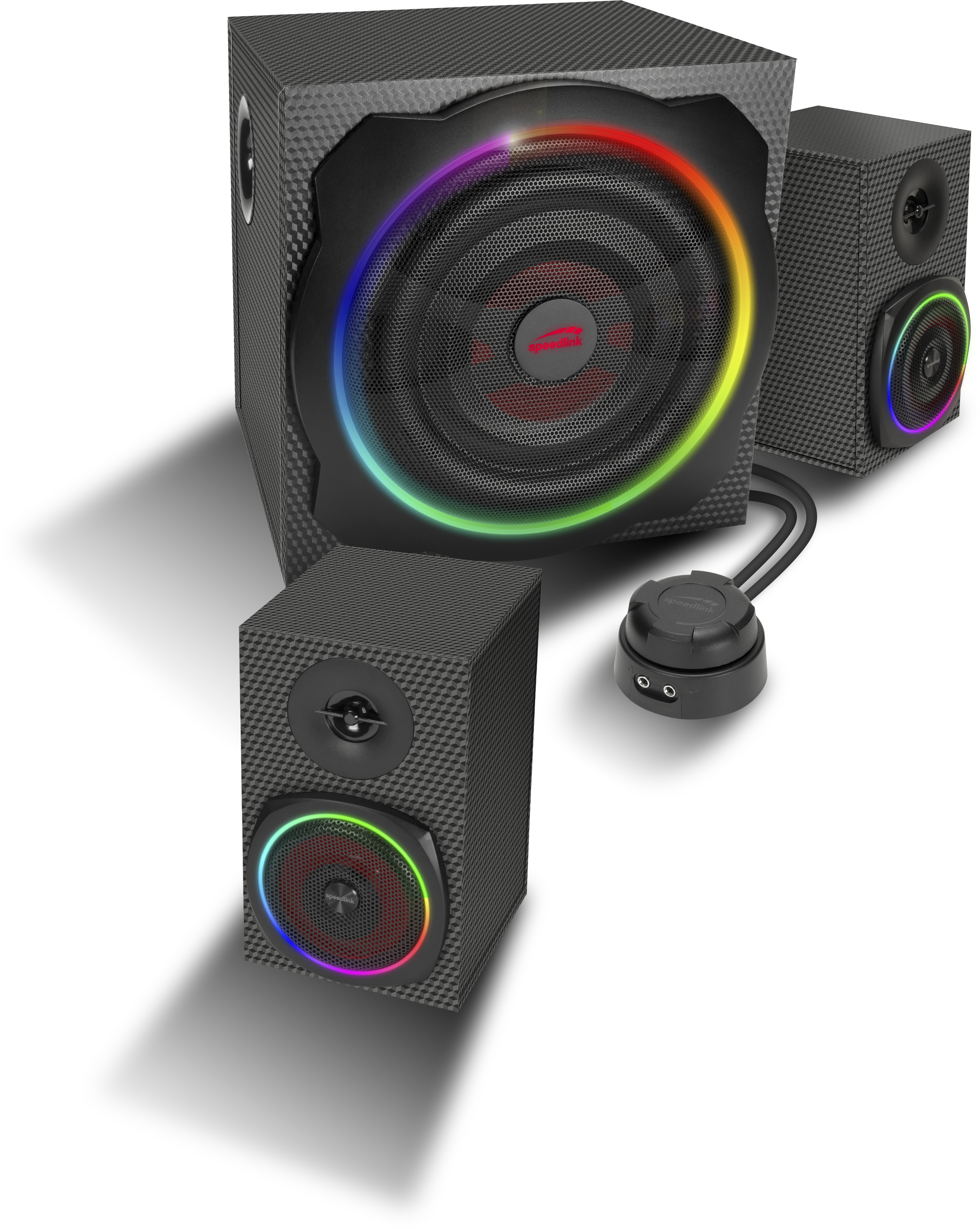 Lautsprecherset bestehend aus Subwoofer und zwei Satellitenlautsprechern mit bunter LED-RGB-Beleuchtung, Steuerungseinheit sichtbar