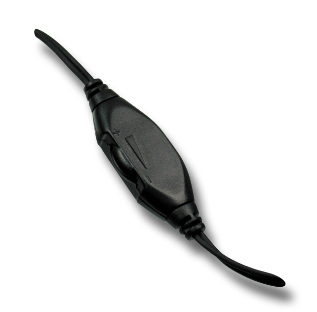 Nahaufnahme eines schwarzen Kabelschalters mit Drehregler, geeignet zur Lautstärkeregelung von Audiogeräten