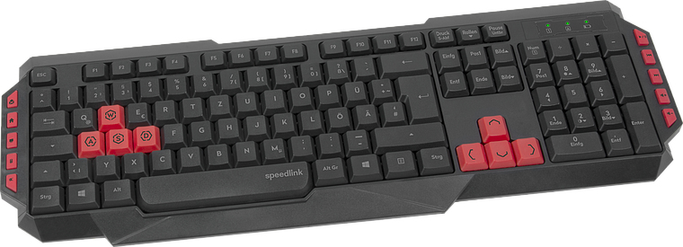 Schwarze Speedlink Gaming-Tastatur mit roten Zusatztasten und markierten WASD- sowie Pfeiltasten für Gamer