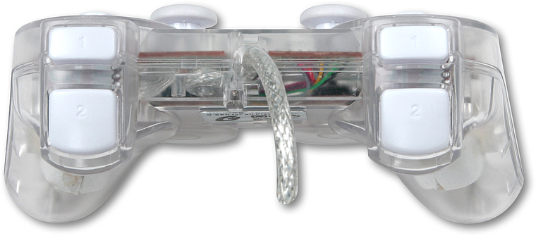 Rückansicht eines transparenten, kabelgebundenen Gamecontrollers mit weißen Schultertasten und sichtbarer Elektronik