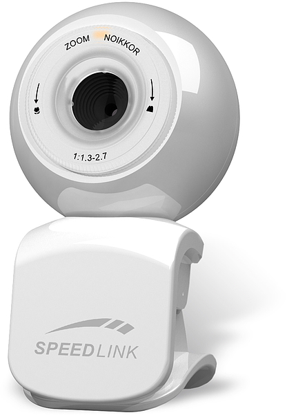 Weiße Speedlink Webcam mit Clip-Halterung und Objektiv mit Zoomfunktion, geeignet für Videokonferenzen und Streaming