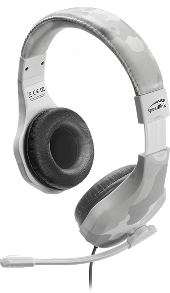 Abbildung eines Speedlink Gaming-Headsets in weiß-grauem Camouflage-Muster mit beweglichem Mikrofon