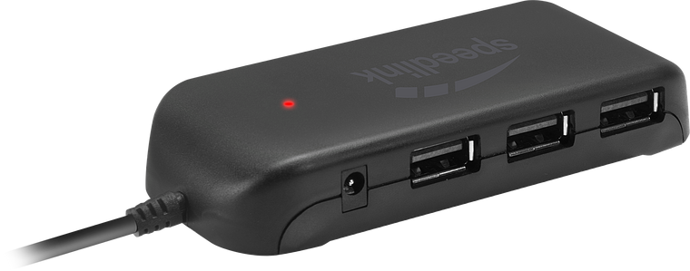 USB-Hub von Speedlink mit vier USB-Anschlüssen und Netzanschluss, ideal zum Verbinden mehrerer Geräte