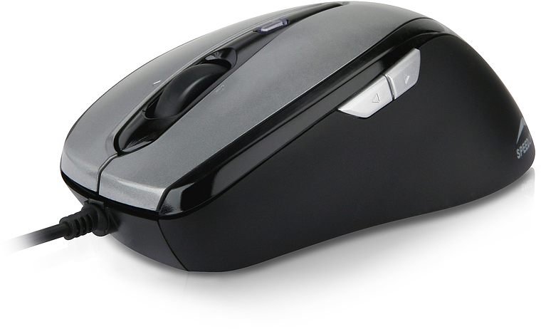 Moderne schwarze kabelgebundene Maus mit zwei seitlichen Tasten und Scrollrad auf weißem Hintergrund