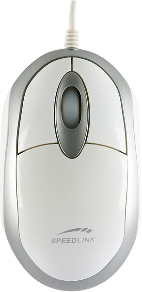 Weiße und silberne Speedlink Computermaus mit Kabel und Scrollrad, von oben fotografiert