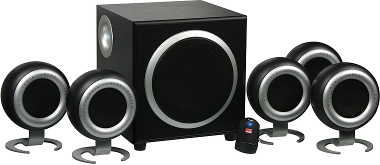 Komplettes 5.1 Lautsprechersystem mit Subwoofer, fünf kompakten Satellitenlautsprechern und Fernbedienung, geeignet für Heimkino oder Computer