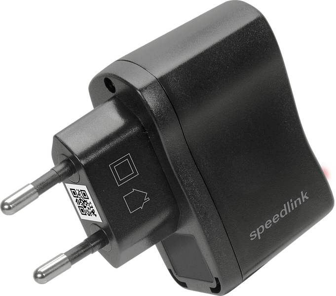 Schwarzes Speedlink USB Netzladegerät mit Eurostecker, geeignet zum Laden von Smartphones, Tablets und anderen USB-Geräten