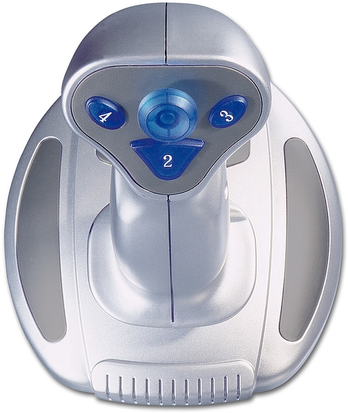 Obenansicht eines silbernen Joysticks mit nummerierten Tasten für Computerspiele