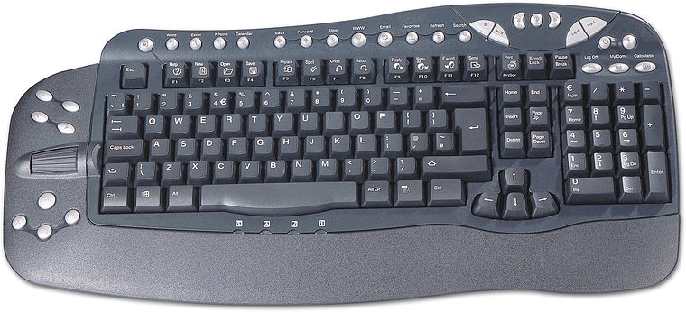 Schwarze ergonomische Computer-Tastatur mit vielen Sondertasten und integrierter Handballenauflage