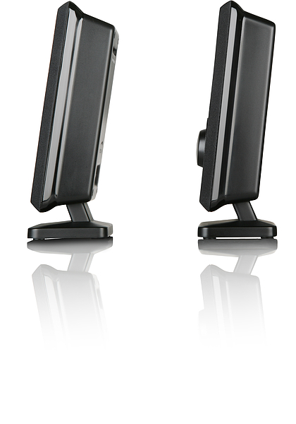 Zwei schwarze Computerlautsprecher im schlanken, modernen Design in seitlicher Ansicht auf weißem Hintergrund