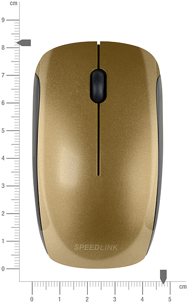 Obenansicht einer goldenen SPEEDLINK Funkmaus vor einem Zentimetermaß zur Darstellung der Größe