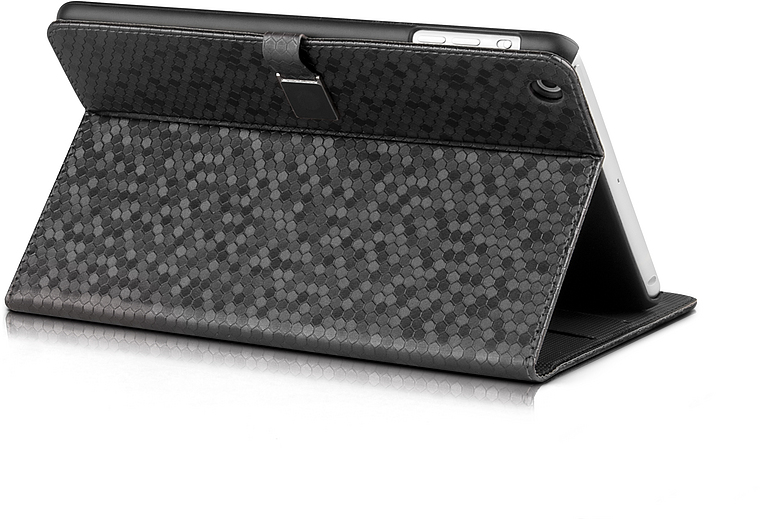 Rückansicht einer schwarzen Tablet-Hülle mit Wabenmuster und integrierter Standfunktion, passend für viele Tablet-Modelle