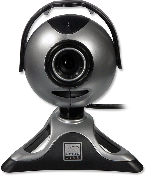 Silber-schwarze Speedlink Webcam auf Standfuß, geeignet für Videoanrufe und Online-Konferenzen