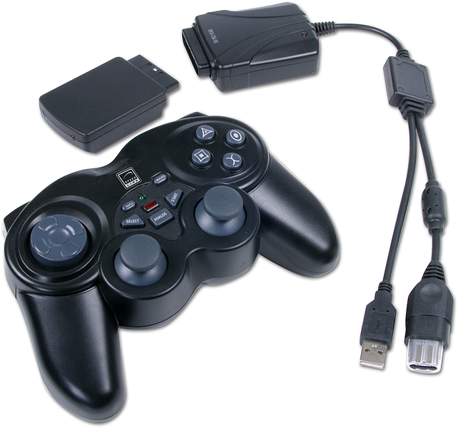 Schwarzer kabelloser Gamecontroller inklusive Adapter und Kabel für PC und Konsole, ideal zum komfortablen Spielen.