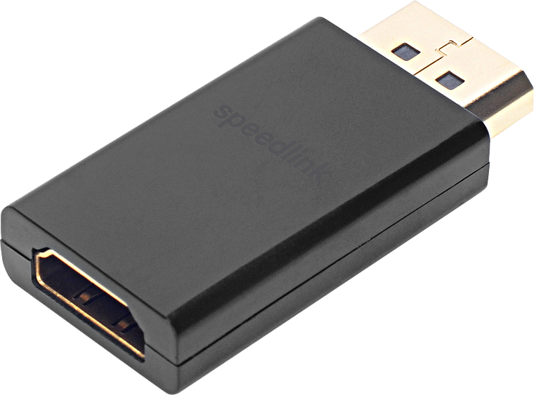 Schwarzer Speedlink Adapter mit HDMI- und DisplayPort-Anschluss zur Verbindung von Monitoren und Fernsehern