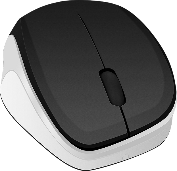 Abbildung einer modernen, kabellosen Computermaus in Schwarz-Weiß