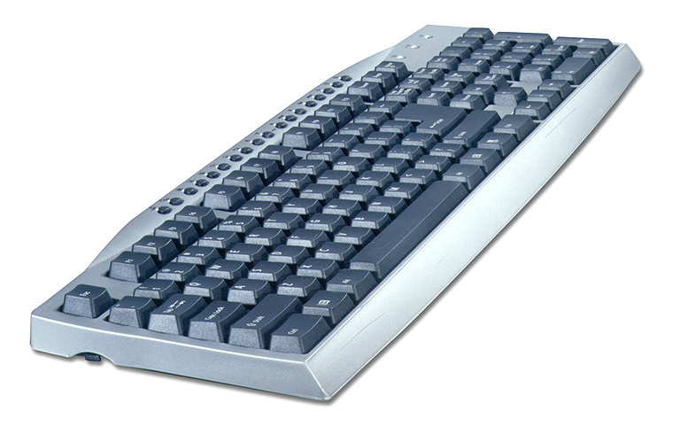 Abbildung einer grauen Computer-Tastatur mit deutschem Layout, schräg von vorne fotografiert