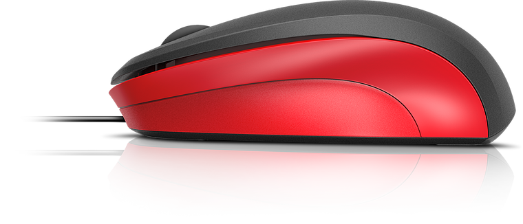Seitenansicht einer rot-schwarzen kabelgebundenen Computermaus auf reflektierender Oberfläche