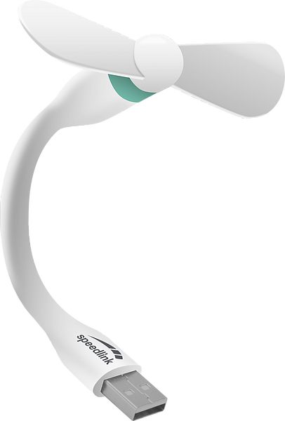 Kleiner weißer USB-Ventilator mit flexiblem Hals und zwei Flügeln, ideal für den mobilen Einsatz am Laptop oder PC.