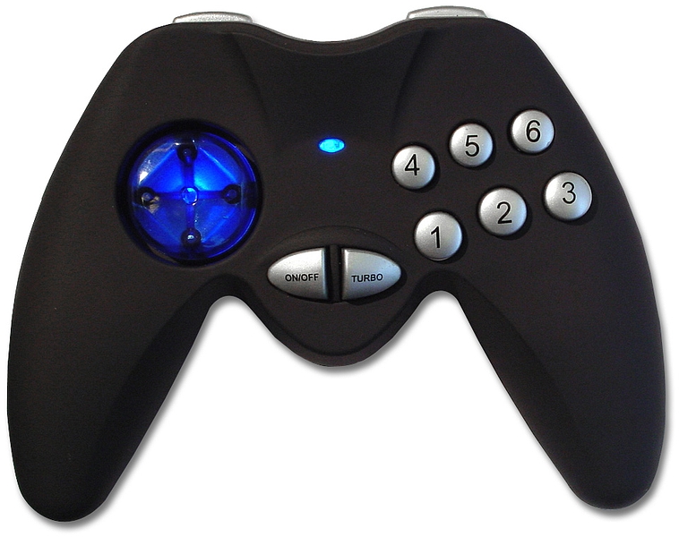 Schwarzer Spiel-Controller mit blauer LED, sechs nummerierten Tasten und ergonomischem Design