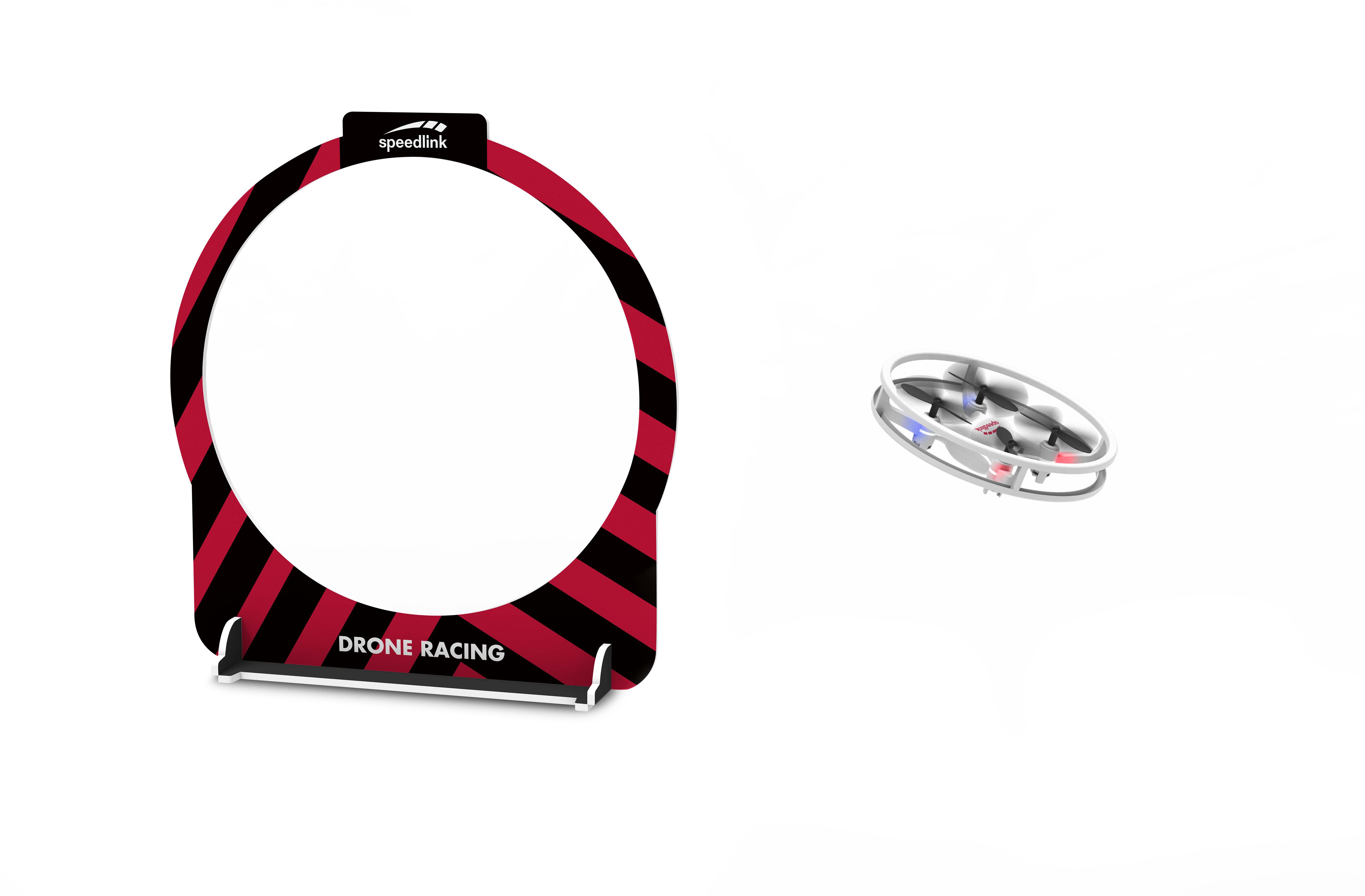 Drohnenrennspiel von Speedlink mit rot-schwarzem Drohnenrennring und einem fliegenden Mini-Quadrocopter