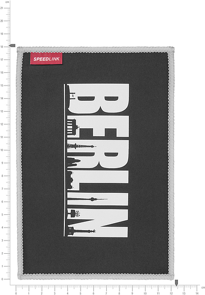 Schwarzes Speedlink Mauspad mit weißem BERLIN-Schriftzug und Skyline von Berlin, rechteckig mit hellgrauem Rand