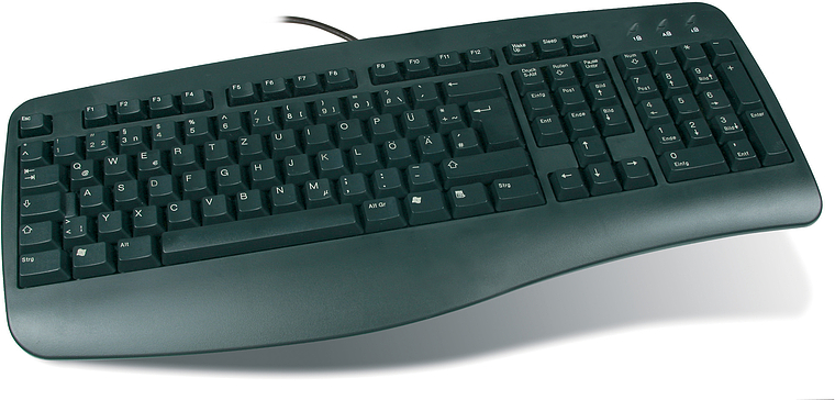 Schwarze kabelgebundene Computer-Tastatur mit ergonomischem Design und deutschem QWERTZ-Tastenlayout