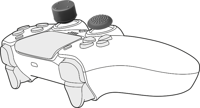 Abbildung eines weißen Spielecontrollers mit gummierten Griff-Aufsätzen auf den Joysticks