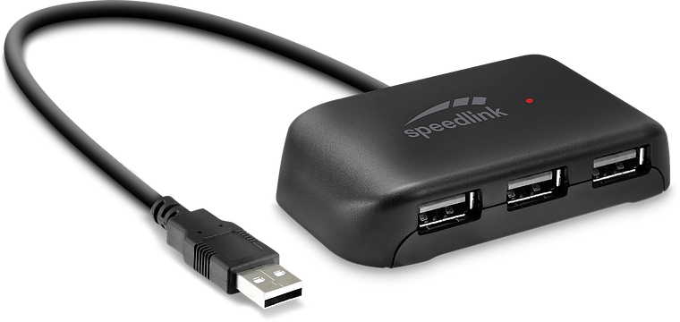 Schwarzer Speedlink USB-Hub mit 4 USB-Anschlüssen und Anschlusskabel für die Erweiterung von USB-Ports am Computer