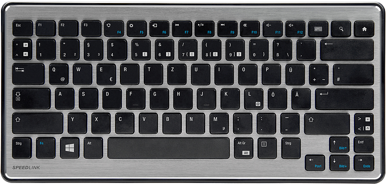 Kompakte SPEEDLINK Tastatur mit deutschem QWERTZ-Layout und flachen, schwarzen Tasten auf silberner Oberfläche