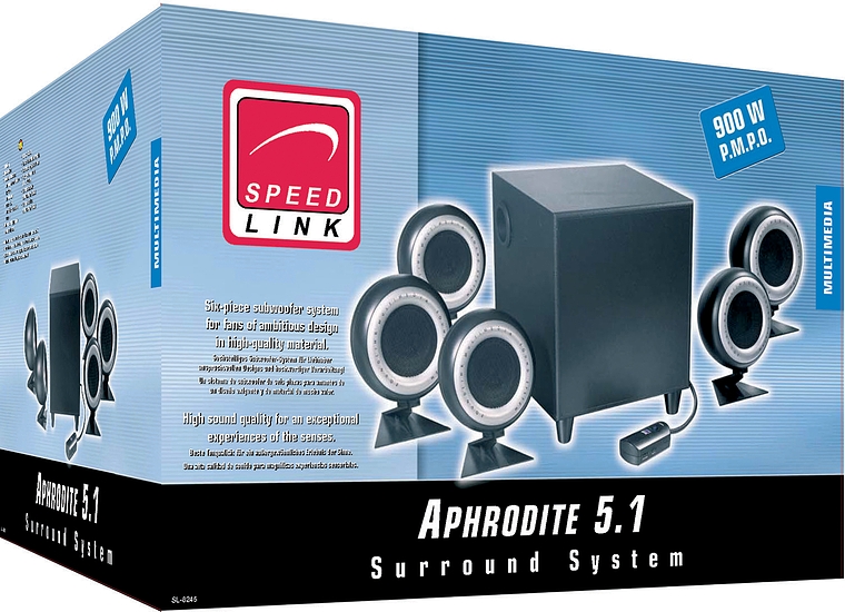 Verpackung des SPEEDLINK Aphrodite 5.1 Surround Sound Systems mit sechs Lautsprechern und Subwoofer, 900 Watt