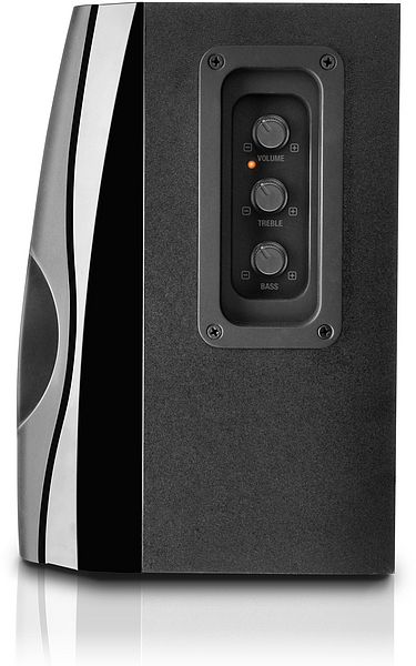 Seitenansicht eines schwarzen Lautsprechers mit drei Drehreglern für Lautstärke, Höhen und Bass auf der Vorderseite
