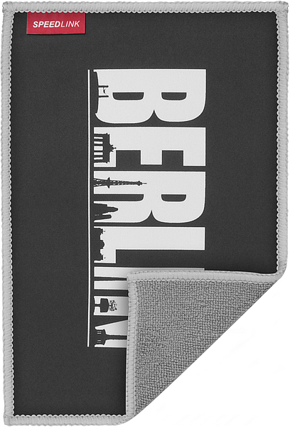 Mauspad von SPEEDLINK in Schwarz mit weißem Berlin-Schriftzug und Berliner Skyline, graue Umrandung, rutschfeste Unterseite