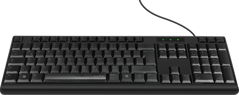 Abbildung einer kabelgebundenen schwarzen Computertastatur im deutschen QWERTZ-Layout mit Ziffernblock