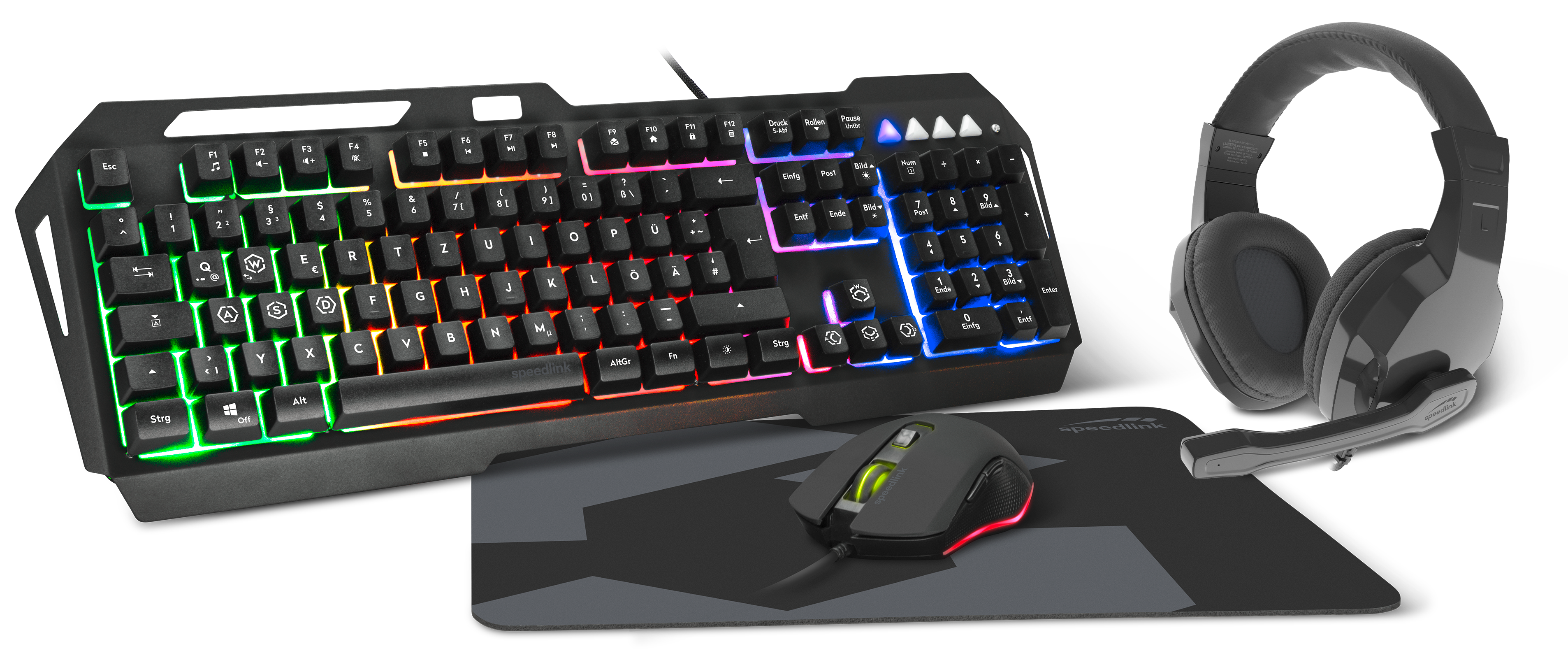 Abgebildet ist ein Speedlink Gaming-Set bestehend aus einer RGB-Tastatur, einer beleuchteten Gaming-Maus auf einem Mauspad sowie einem schwarzen Over-Ear-Headset mit Mikrofon.