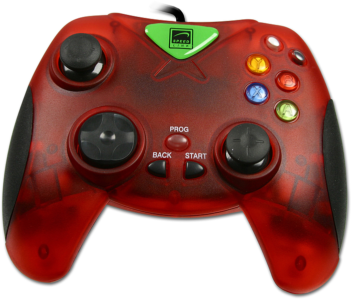 Abbildung eines roten Gamepads von Speed-Link mit durchsichtigem Gehäuse, zwei Steuersticks und farbigen Aktionstasten