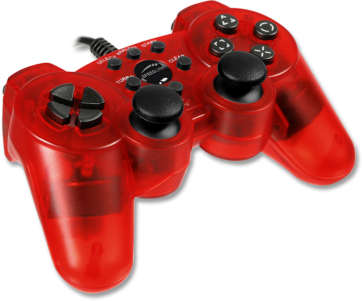 Roter kabelgebundener Gamecontroller im Design eines Playstation-Controllers mit Transparentgehäuse, Dualsticks und mehreren Tasten