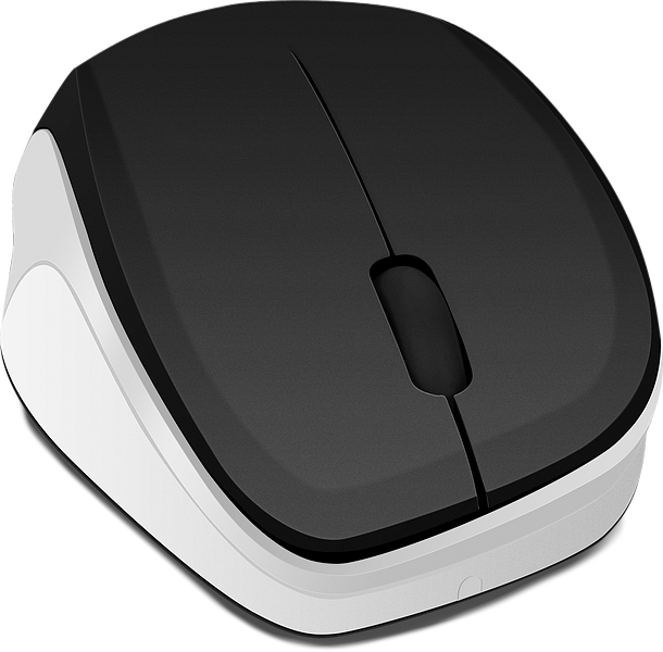 Abbildung einer modernen, kabellosen Computermaus mit ergonomischem Design in Schwarz-Weiß