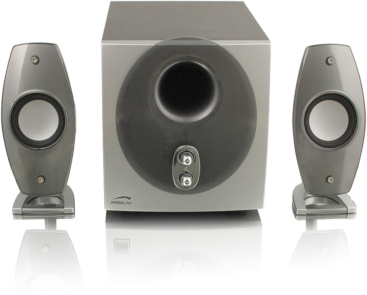 Speedlink Lautsprechersystem bestehend aus Subwoofer und zwei Satellitenlautsprechern in silberner Ausführung