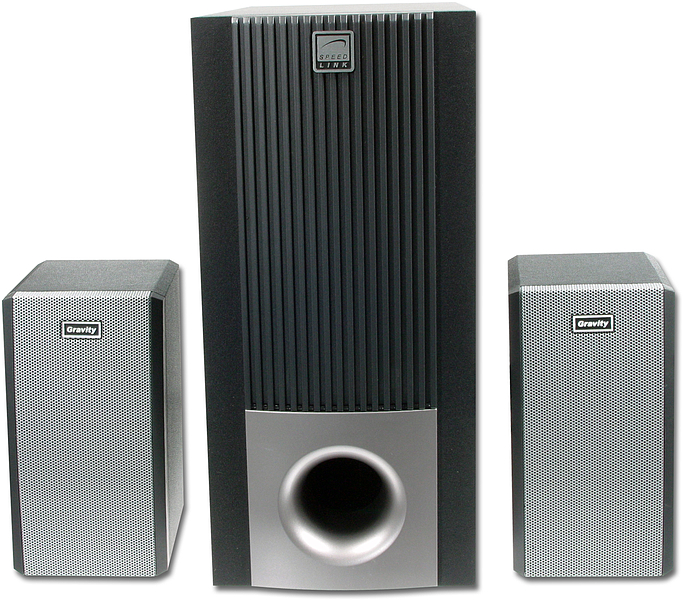 Speedlink Gravity 2.1 Lautsprechersystem mit einem Subwoofer in der Mitte und zwei Satellitenlautsprechern, geeignet für PC und Musikwiedergabe