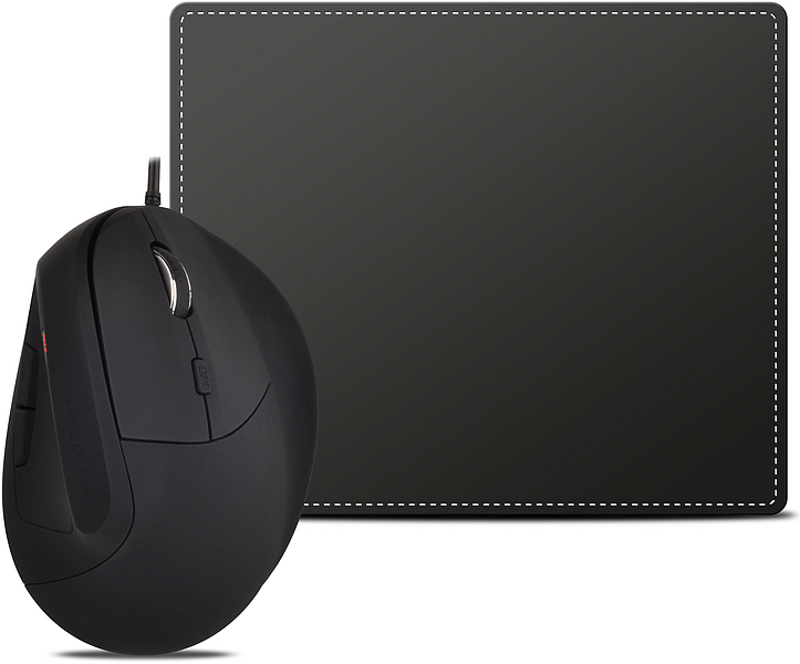 Schwarze ergonomische vertikale Maus vor einem großen schwarzen Mauspad, ideal für komfortables Arbeiten am Computer