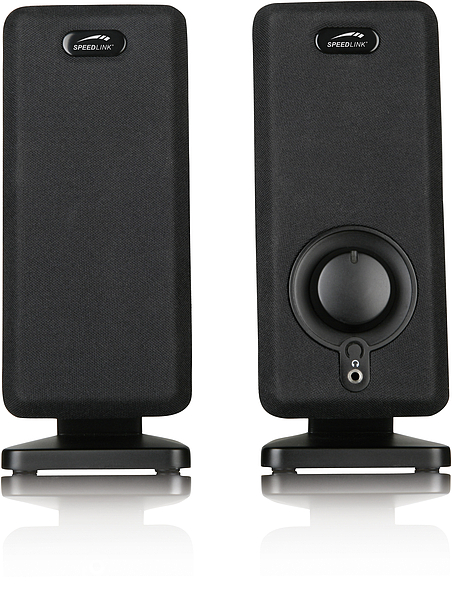 Zwei schwarze SPEEDLINK Lautsprecher mit Lautstärkeregler und Kopfhöreranschluss, geeignet für Computer oder Laptop